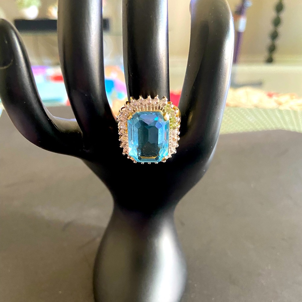 Cocktail ring, aqua marine and simulated diamonds